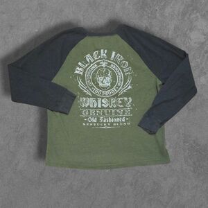 Black Iron Whiskey Skull Design Y2K 3 Button Henley Waffle Knit Thermal Shirt XL